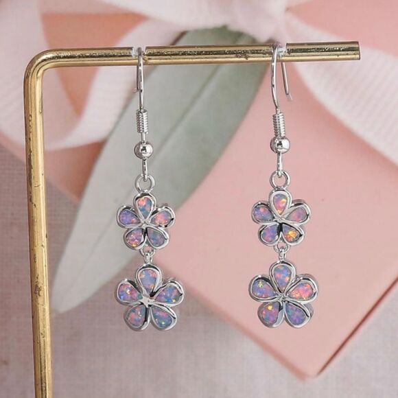 18K White Gold with Genuine Purple Fire Opal Double Flower Drop Hook Earrings - Picture 3 of 5